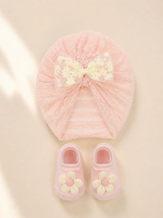 Baby Turban Cap & Booties Set - Peach - Kidulan