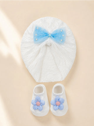 Baby Turban Cap & Booties Set - White With Blue - Kidulan