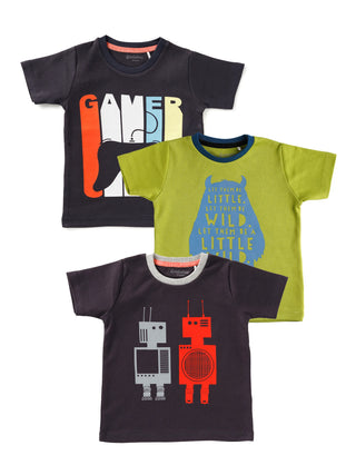 Half sleeve black & white graphic, dark blue & white graphic t-shirt combo for baby - Kidulan