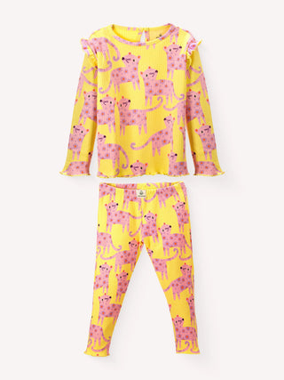 Playfull pink cat top & pant set for girls - Kidulan