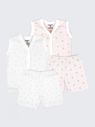 Baby Cotton Jabla & Shorts Set – Soft Pink Tiny Floral & White Minimal Print Sleeveless Baby Girl Combo - Kidulan