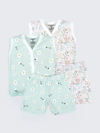 Baby Cotton Jabla & Shorts Combo Set – Daisy & Floral Printed Sleeveless Baby Set - Kidulan