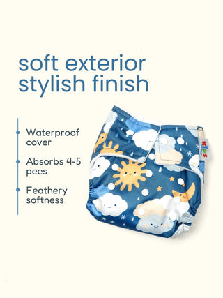 Reusable Diaper Sun & Cloud Print Baby Cloth Diaper with Insert – Adjustable Washable Pocket Diaper - Kidulan