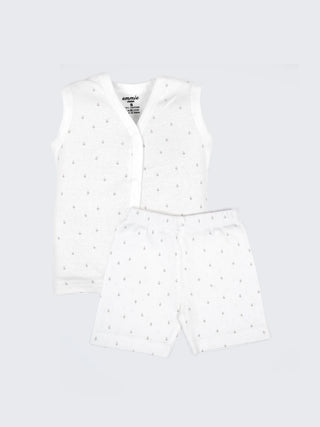 Baby Cotton Jabla & Shorts Set – Soft Pink Tiny Floral & White Minimal Print Sleeveless Baby Girl Combo - Kidulan