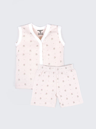 Baby Cotton Jabla & Shorts Set – Soft Pink Tiny Floral & White Minimal Print Sleeveless Baby Girl Combo - Kidulan