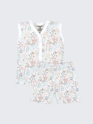 Baby Cotton Jabla & Shorts Combo Set – Daisy & Floral Printed Sleeveless Baby Set - Kidulan
