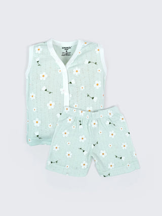 Baby Cotton Jabla & Shorts Combo Set – Daisy & Floral Printed Sleeveless Baby Set - Kidulan