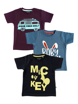 Half sleeve yellow, blue & white graphic, brown graphic t-shirt combo for baby - Kidulan