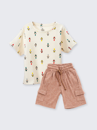 Boys' Picnic Combo – Printed Relaxed Tee & Cargo Shorts Set - Kidulan