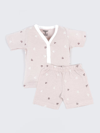 Baby Cotton Jabla & Shorts Set – Beige Heart Print Half Sleeve Baby Outfit - Kidulan