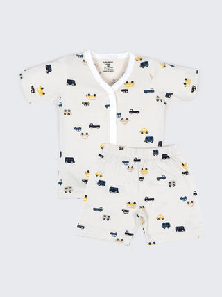 Baby Cotton Jabla & Shorts Set – Cute Vehicle Print Half Sleeve Baby Outfit - Kidulan