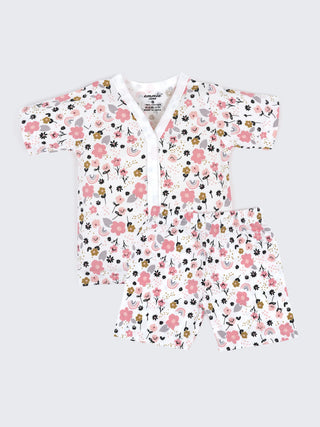 Baby Cotton Jabla & Shorts Set – Pink Floral & Rainbow Print Half Sleeve Baby Outfit - Kidulan