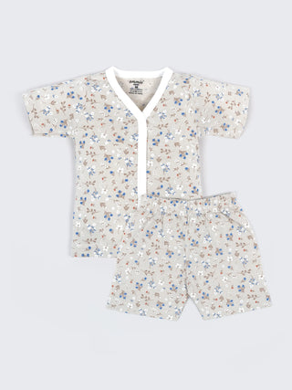 Baby Cotton Jabla & Shorts Set – Beige Floral Print Half Sleeve Baby Outfit - Kidulan
